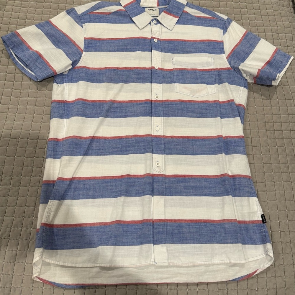 Hurley Men's Casual Button Down Shirt - Blue and Red Stripes